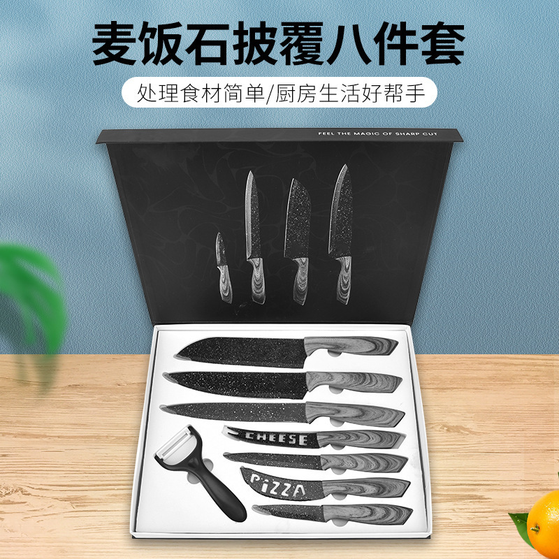 Venta caliente conjunto completo al por mayor de piedra maifan cuchillo de queso de ocho piezas cortador de pizza cuchillo de queso europeo y americano cuchillo de hogar traje
