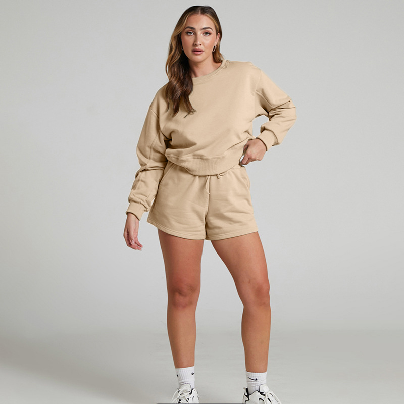 Solid Color Long Sleeve Sweaters Women Clothing Short Two-Piece Casual Shorts Suit