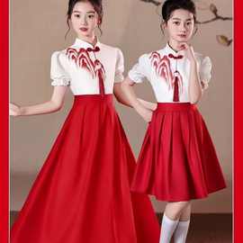 儿童合唱朗诵演出服六一小学生红色女童礼服爱国主题演讲比赛服装