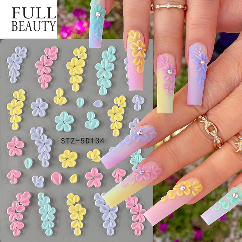 Cross-Border New Nail Art Stickers, Embossed 5D Three-Dimensional Floral Love Heart and Flower Cluster Art Design Nail Stickers