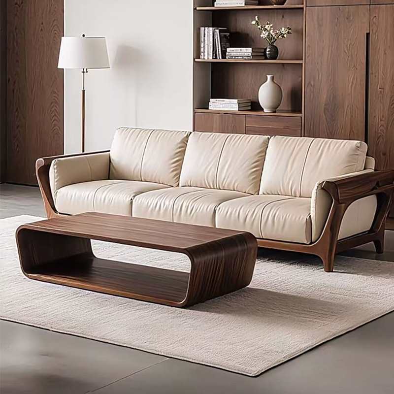 New Chinese Style Solid Wood Sofa North American Black Walnut Living Room Simple Three-Person Song Style Aesthetic Zen Leather Sofa