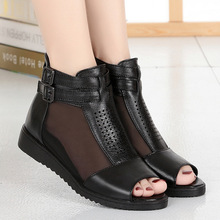 2021春夏季新款真皮网纱鱼嘴女凉鞋中坡跟厚底内增高凉靴平底网鞋