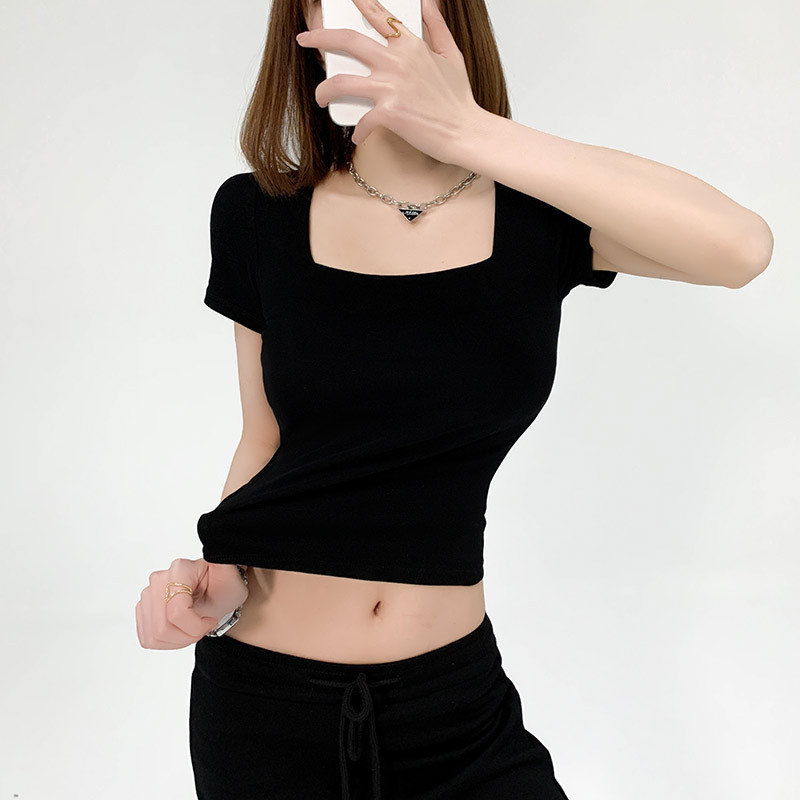 Cuello cuadrado francés, hombros rectos, gris fino, manga corta, verano puro, dulce y picante, camisa de fondo, camiseta fina, blusa interior