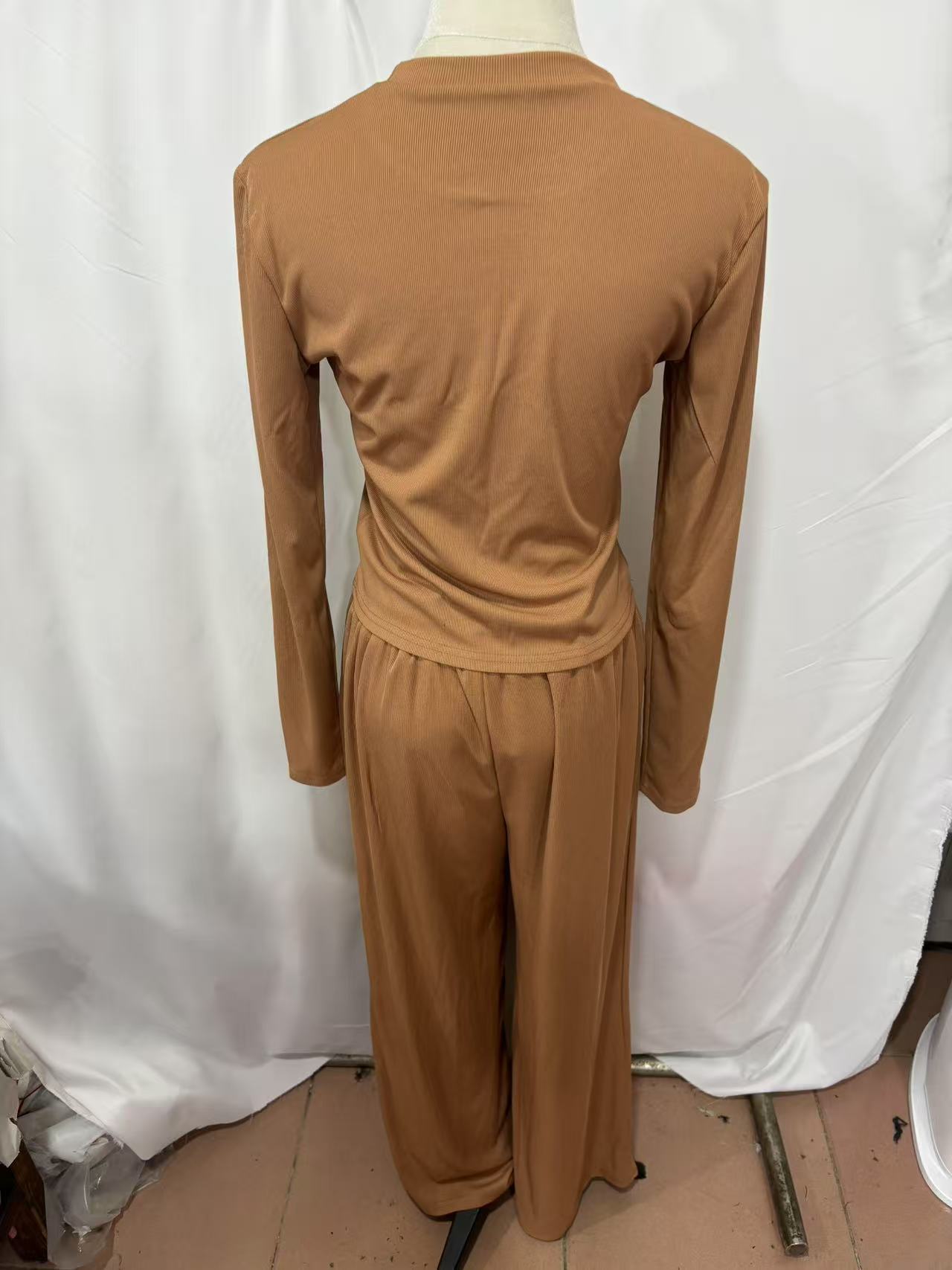 European American Cross-border Solid Color Ribbed Two-piece Set: Slim-fit Short Long-sleeve Top And Drawstring_ecoleips.com