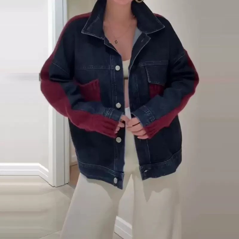 亚马逊跨境2025秋季欧美外贸新款女装时尚休闲长袖拼接牛仔外套女