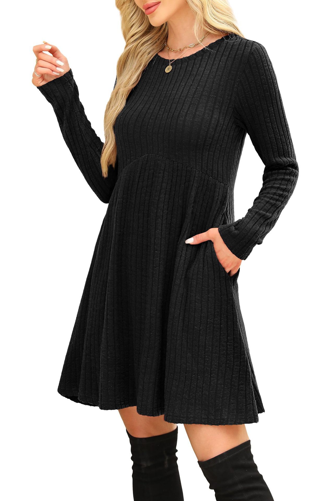 Bohemian Mid-length Autumn Winter Dress Irregular Brushed Ribbed Skirt_voghion.com