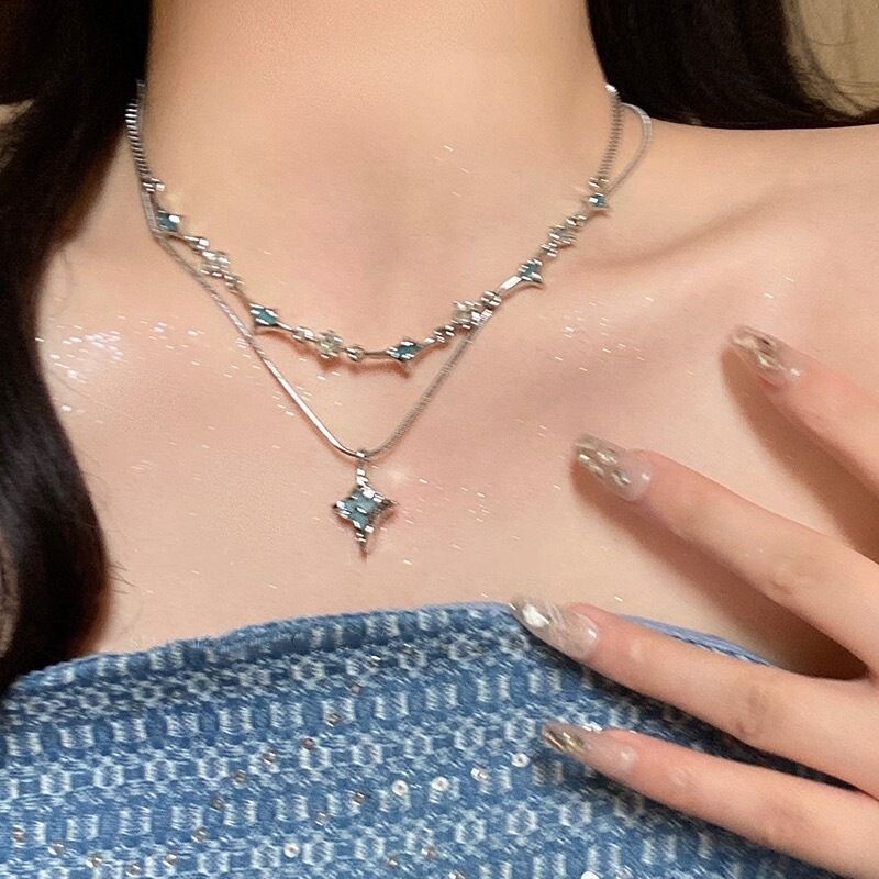Double-layer Blue Four Mans Star Zircon Necklace Women's Summer ins Niche Design Sense Accessories Fashion Elegant Clavicle Chain