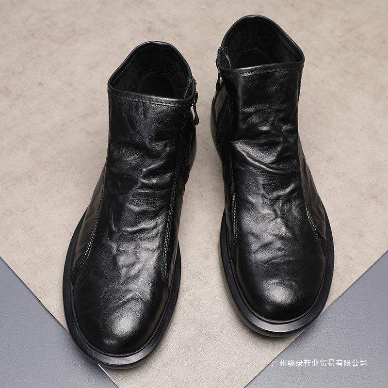 Men's Leather High-Top Boots with a Hand-Grained Texture, Breathable Casual Single-Layer Leather Shoes, Fashionable Men's Boots
