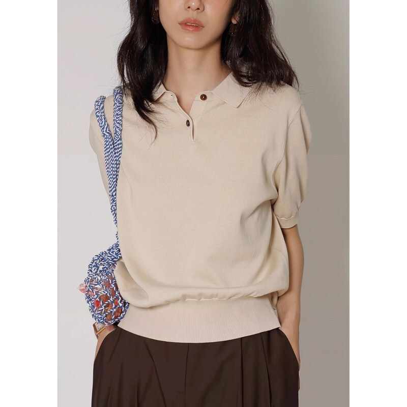 French Style Elegant Ice Silk Knitted Sweater Polo Collar Short Sleeve T-Shirt Women's Summer Thin High-end Lasel Short Shoulder Top
