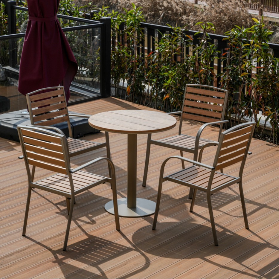 silla de madera de plástico combinada al aire libre balcón impermeable anticorrosión silla de respaldo café al aire libre mesa de té de leche image 5