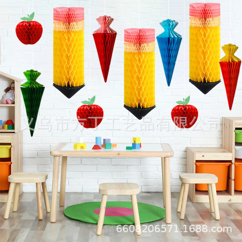 Back-To-School Season Decorations, Childlike Fun, Pencil-Shaped Honeycomb for the Start of School Season, Wall and Table Decorations for Birthday Parties, Apple Honeycomb
