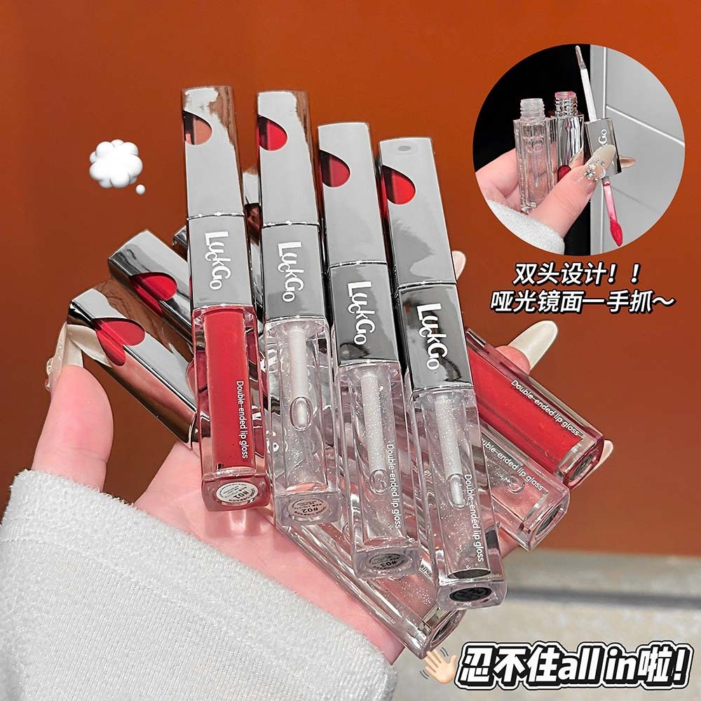 Luckgo Velvet Honey Gloss Lip Glaze Double-Ended Mirror Glass Lip Matte Finish Lightweight Non-Drying Affordable Makeup