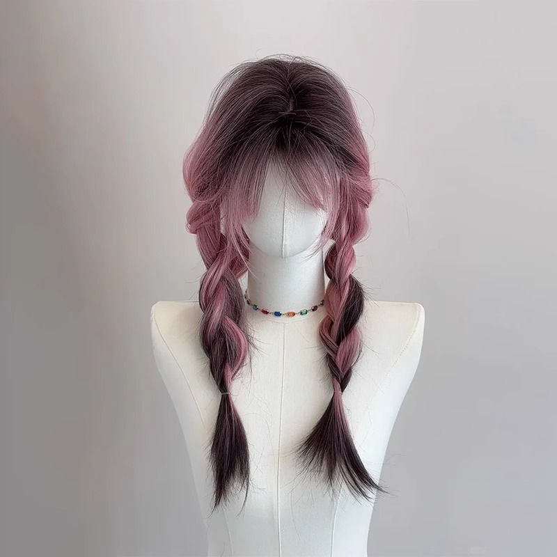 [Pink Version of Siamese Cat] Wig Female Long Hair Pink Gradient Black High-Level Sense Simulated Human Long Straight Hair Full Headgear