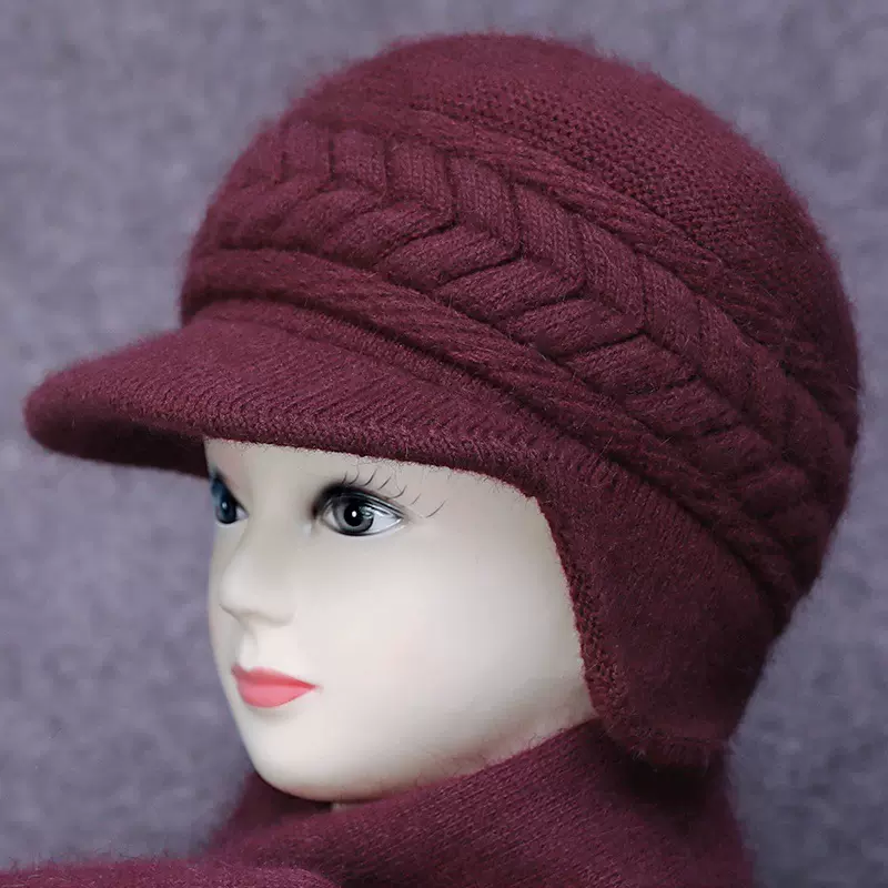 秋冬季加绒加厚护耳鸭舌帽子女士韩版新款保暖针织提花妈妈毛线帽