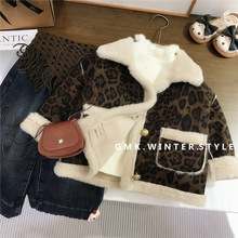 冬季女童洋气森系儿童宝宝加绒加厚超好看豹纹外套牛仔加绒裤外贸