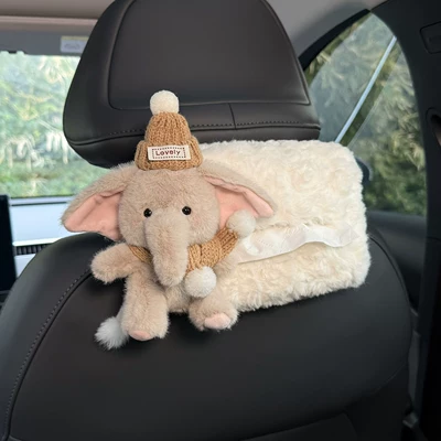 Car Tissue Box, Car-Mounted Hanging Tissue: Car tissue box/set - l-coffee-hat-coffee-scarf-gray-elephant-left-white-velvet-bag