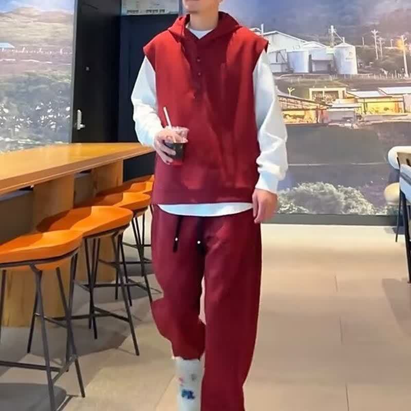 Spring and Autumn New Style Casual Solid Color Sleeveless Pullover Hooded Vest Trousers Suit Men's and Women's Sports and Casual Two-Piece Set