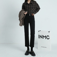 复古宽松烟管牛仔裤女法棍裤宽松显瘦九分直筒裤小个子八分裤弹力