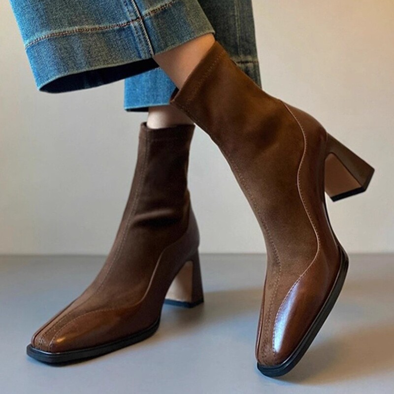 Soft leather version ~ short boots women 2024 new high heels autumn and winter square head elastic socks boots thick heel French thin boots