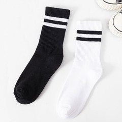 Mid-calf socks for men and women, two-bar stripes, high elastic, black and white sports cotton socks, socks for couples and students, manufacturer wholesale