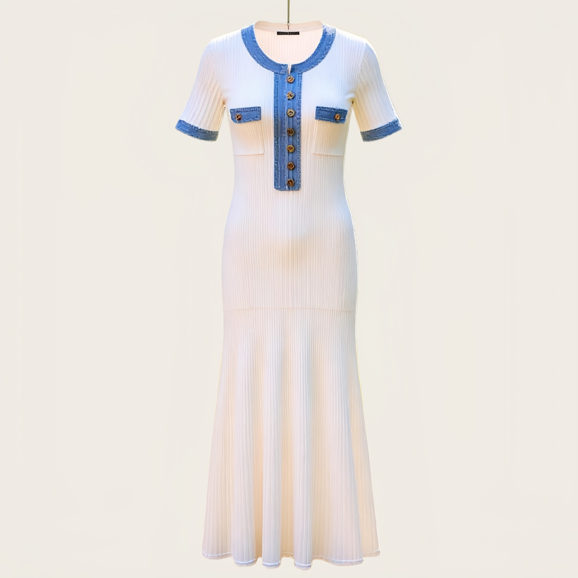 Elegancki damski sweter D, nowy letni, dżinsowy, patchworkowy, długi, z guzikami i okrągłym dekoltem, dzianinowy_voghion.com
