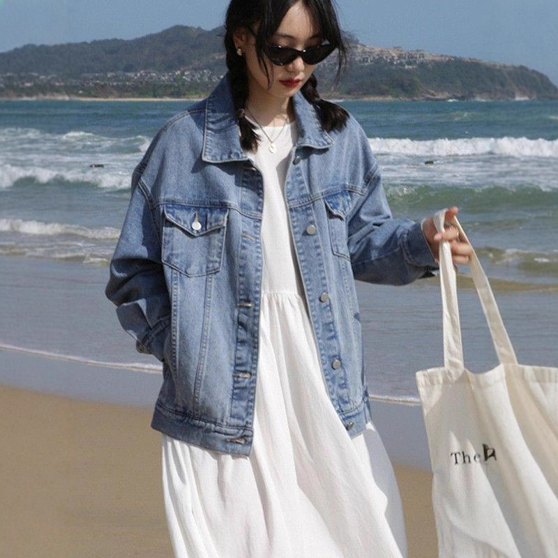 Slimming American Retro Denim Jacket for Women, Washed Denim, Loose Fit, Casual Long Sleeve, Versatile Top, Long Style, Instagram Style