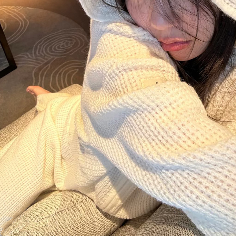现货华夫格针织开衫上衣女全拉链连帽衫慵懒日系复古休闲外穿外套