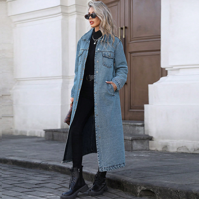 Elegant Long Denim Coat For Women, Mid Blue And Black Trench Style Jacket, Versatile Career Outerwear For Fall_ecoleips.com