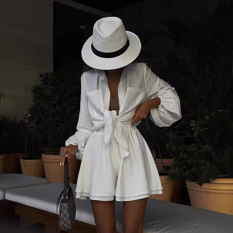 2024 Summer European and American Women's Clothing Amazon Cross-border Long-sleeved Top Ruffled Shorts Casual Fashion Suit Women