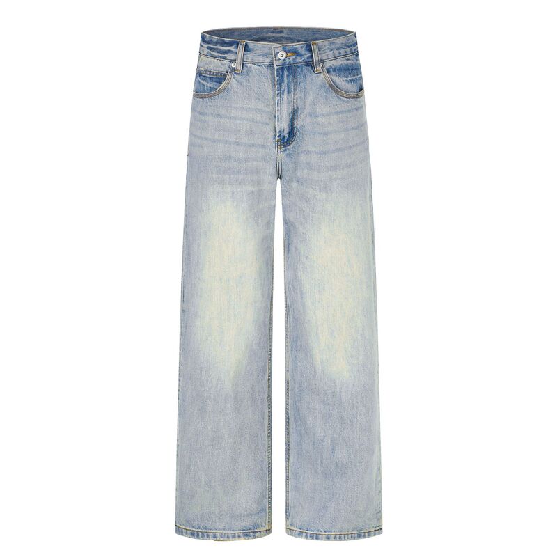 Stonewashed men's wide-leg jeans in light blue vintage tone, made of heavy denim, with a loose straight fit