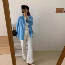 ZA外贸女装批发 早秋新款蓝色棉麻休闲衬衫女韩版宽松设计感上衣