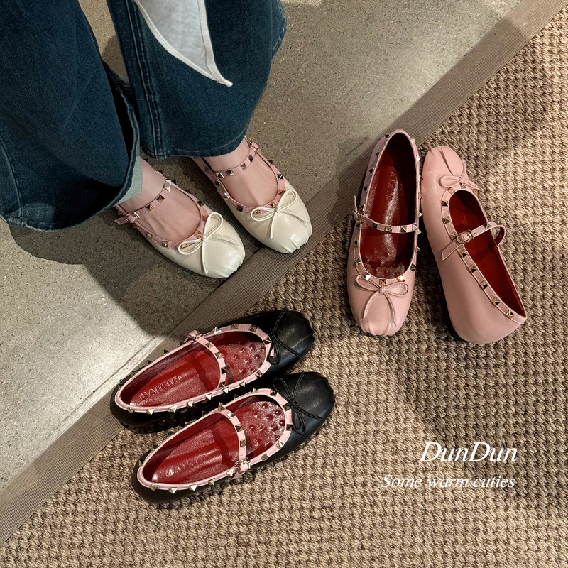 Sweet Bowknot~Rivet Ballet Toe Height-Increasing Shallow-Heel Single Shoes 2026 Autumn One-Strap Buckle Fashionable Versatile Women's Shoes