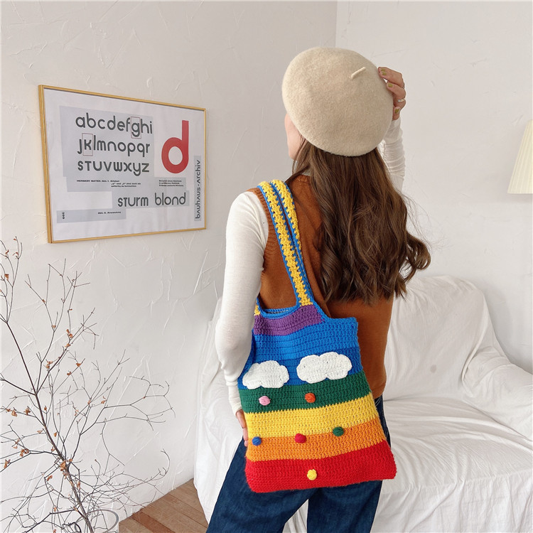 Frau Mittel Stoff Wolken Regenbogen Streifen Süß Quadrat Offen Schultertasche display picture 26