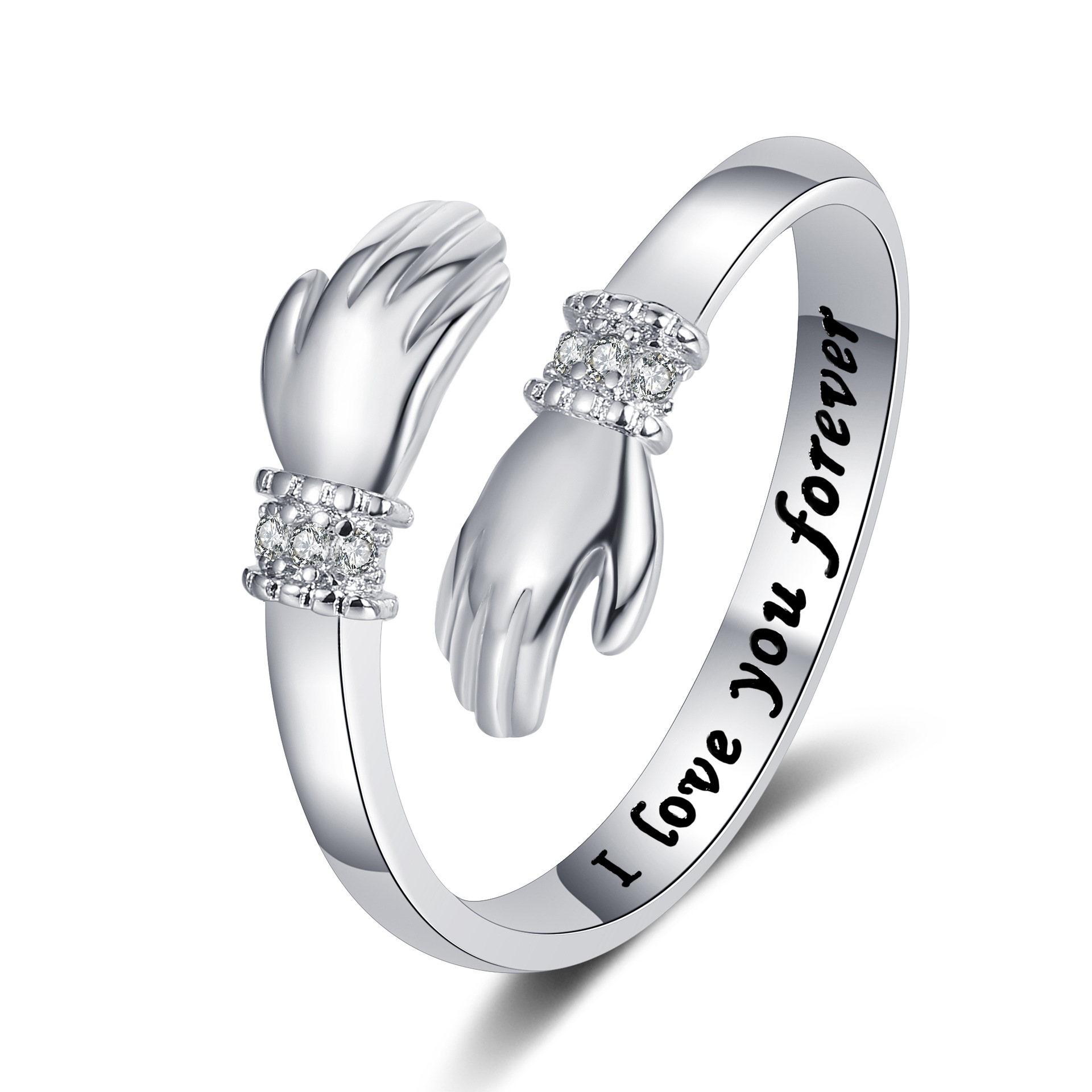 Europeo y americano creativo amor abrazo manos anillo de diamantes letras de las mujeres apertura anillo ajustable regalo de corazón