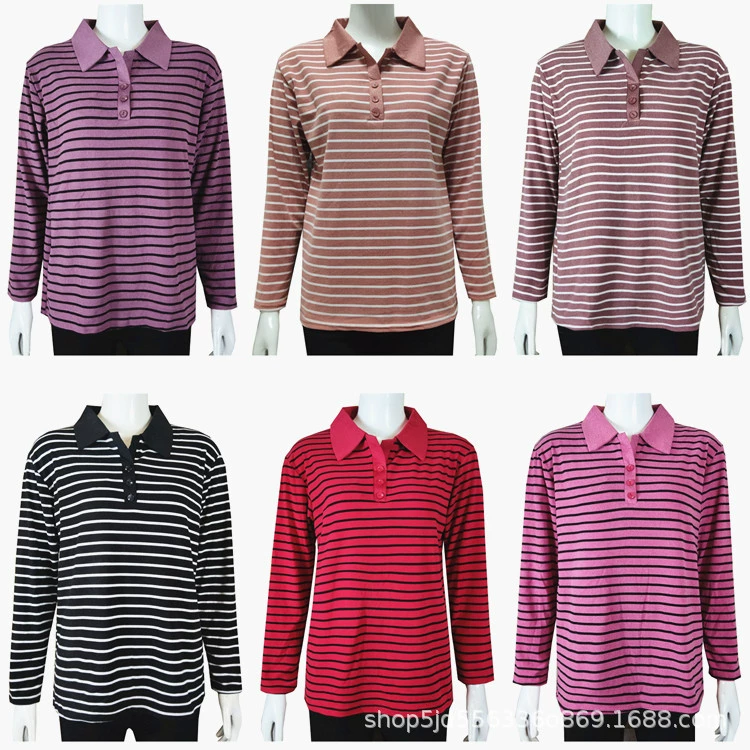 2024, весенне-осенние женские немецкие бархатные полосатые топы с лацканами среднего и пожилого возраста, свободная одежда для мам большого размера, футболки с длинными рукавами