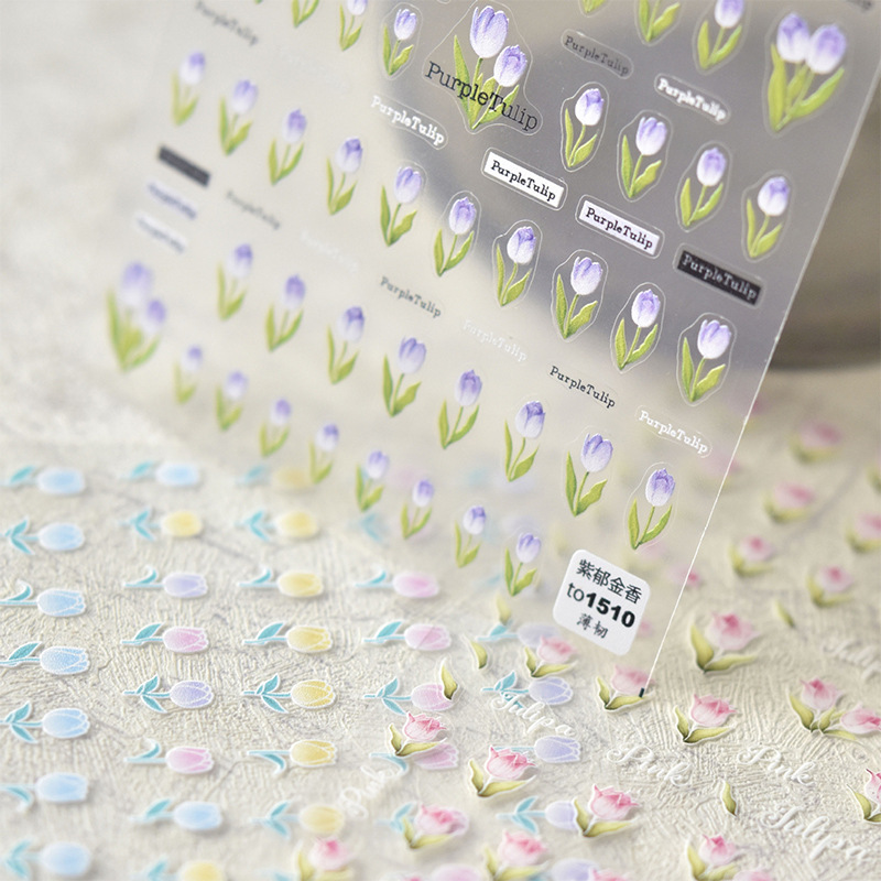 Pegatinas de flores de uñas de estilo japonés Tulipán alivio tridimensional hielo floreciente transparente blanco Delgado resistente calcomanías de uñas 3D de primavera y verano