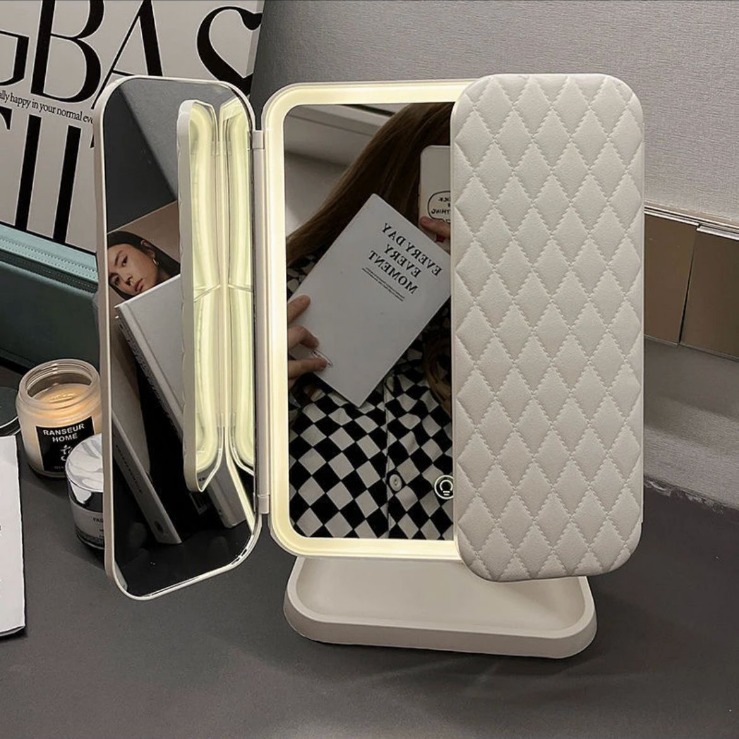 Espejo de maquillaje especial para dormitorios de estudiantes, caja de almacenamiento, espejo plegable portátil integrado con lámpara, mostrador de vestir, espejo de maquillaje de escritorio