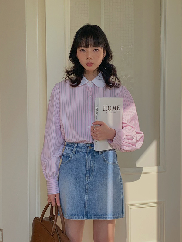 【恋爱博物馆】歌铭复古竖条纹衬衫女2025秋季新款通勤上衣X1189F|undefined