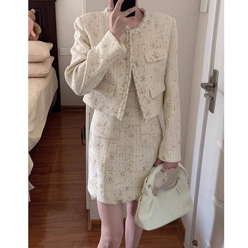 法式重工小香风粗花呢套装裙女秋季轻奢高级感短外套背心裙两件套|undefined