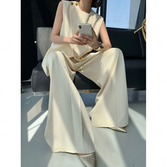 时尚休闲两件女2025夏季新款不规则无袖马甲上衣+高腰阔腿裤套装