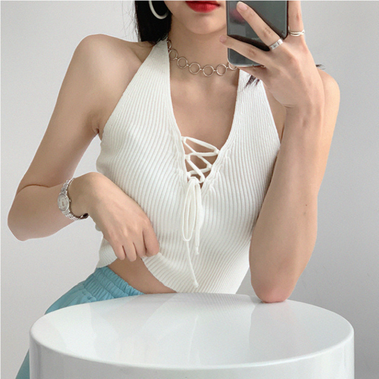 2026 Summer Spicy Girl Style Design V-Neck Slim Fit Halter Neck Knitted Camisole Tube Top Women's Clothing