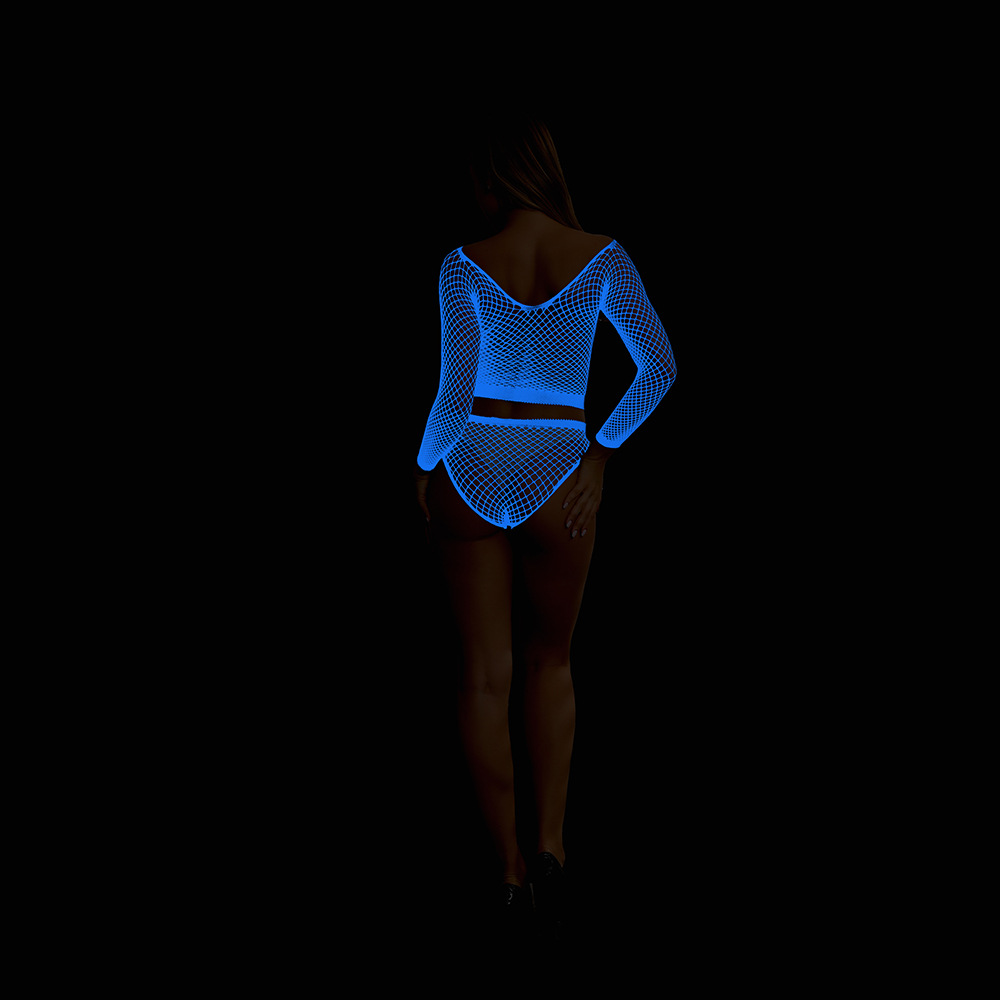 Blue Light Glowing European And American Style Sexy Lingerie Set Hollow Out Stockings Bodystocking Night Glow Sexy Temptation Mesh YG488_voghion.com