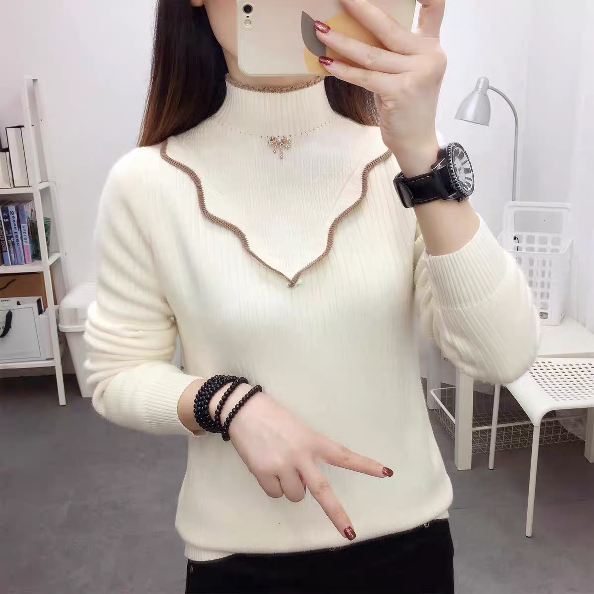 Añadir suéter de moda de cuello medio alto para mujeres 2024 nuevo otoño invierno ropa delgada camiseta de aire extranjero con camiseta de punto