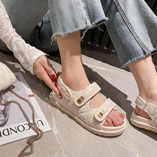 Tweed Style Velcro Sports Sandals for Women 2024 New Summer Quilted Thick Flats Large Size Sandals for Women Outer Wear 41
