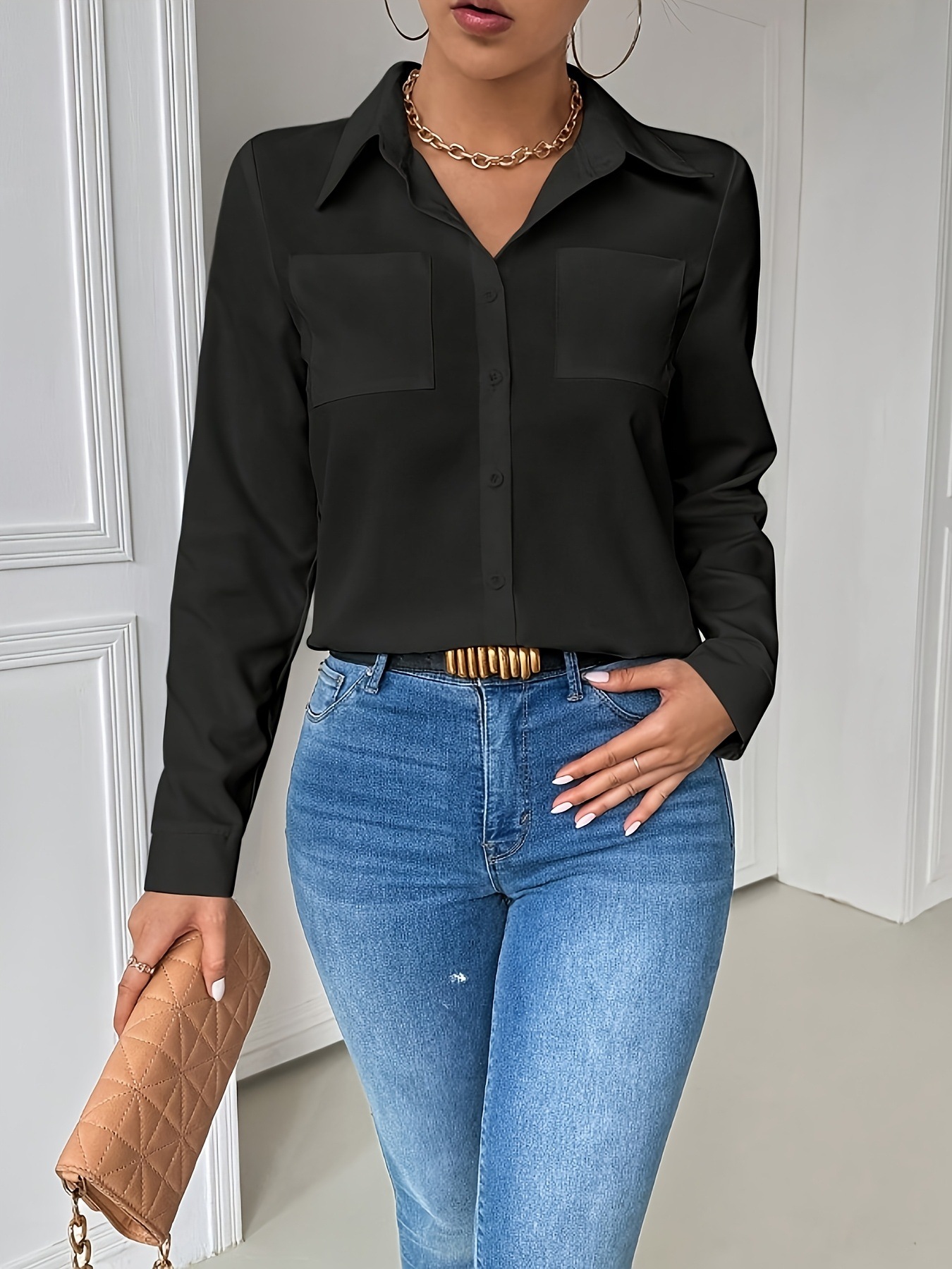 Women’s Loose Fitting Long Sleeved Collared Blouse With Pockets_voghion.com
