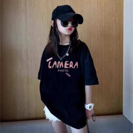 复古美式重磅纯棉oversize短袖t恤女童夏季亲子装潮牌中大童上衣T