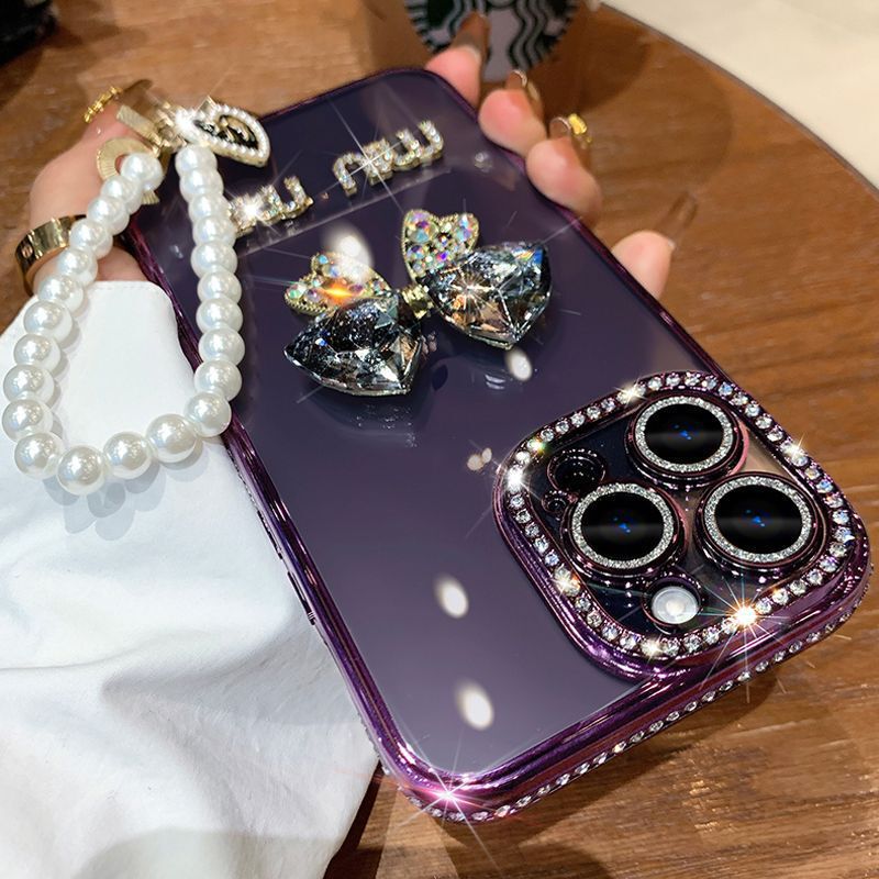 Suitable for iPhone15 mobile phone case women's Apple 14 fashion brand rhinestone bow 13promax lens drop-resistant cover Suitable for iPhone15 mobile phone case women's Apple 14 fashion brand rhinestone bow 13promax lens drop-resistant cover