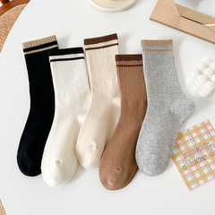 Striped college style mid-tube socks for women parallel bars ins trendy internet celebrity style spring and autumn outer wear student sports stockings