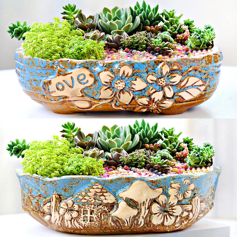 Rectangular Fleshy Flower Pot Large Diameter Plate Clearance Meat Plant Balcony Long Flower Pot Ceramic Stoneware Free Shipping