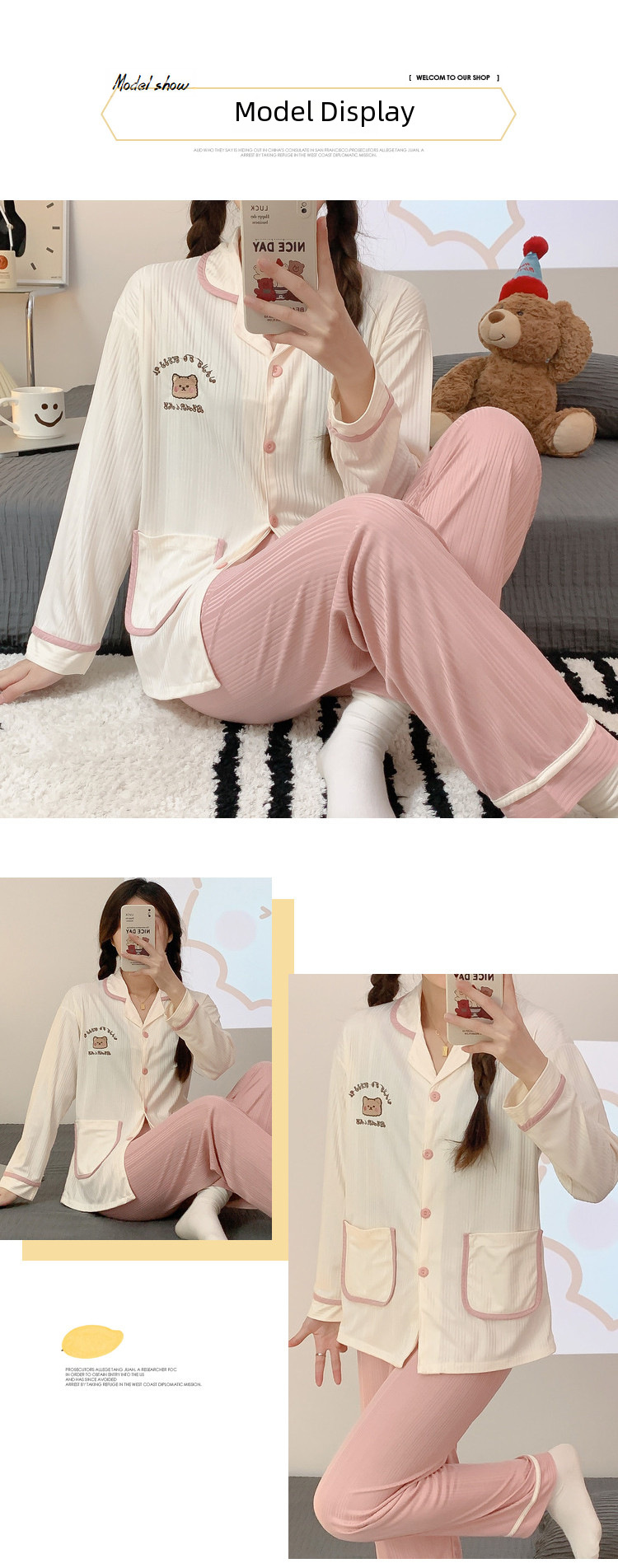 Sweet cartoon embroidered bear girl sweet spring and autumn long-sleeved trousers cardigan milk silk pit foreign trade suit_voghion.com